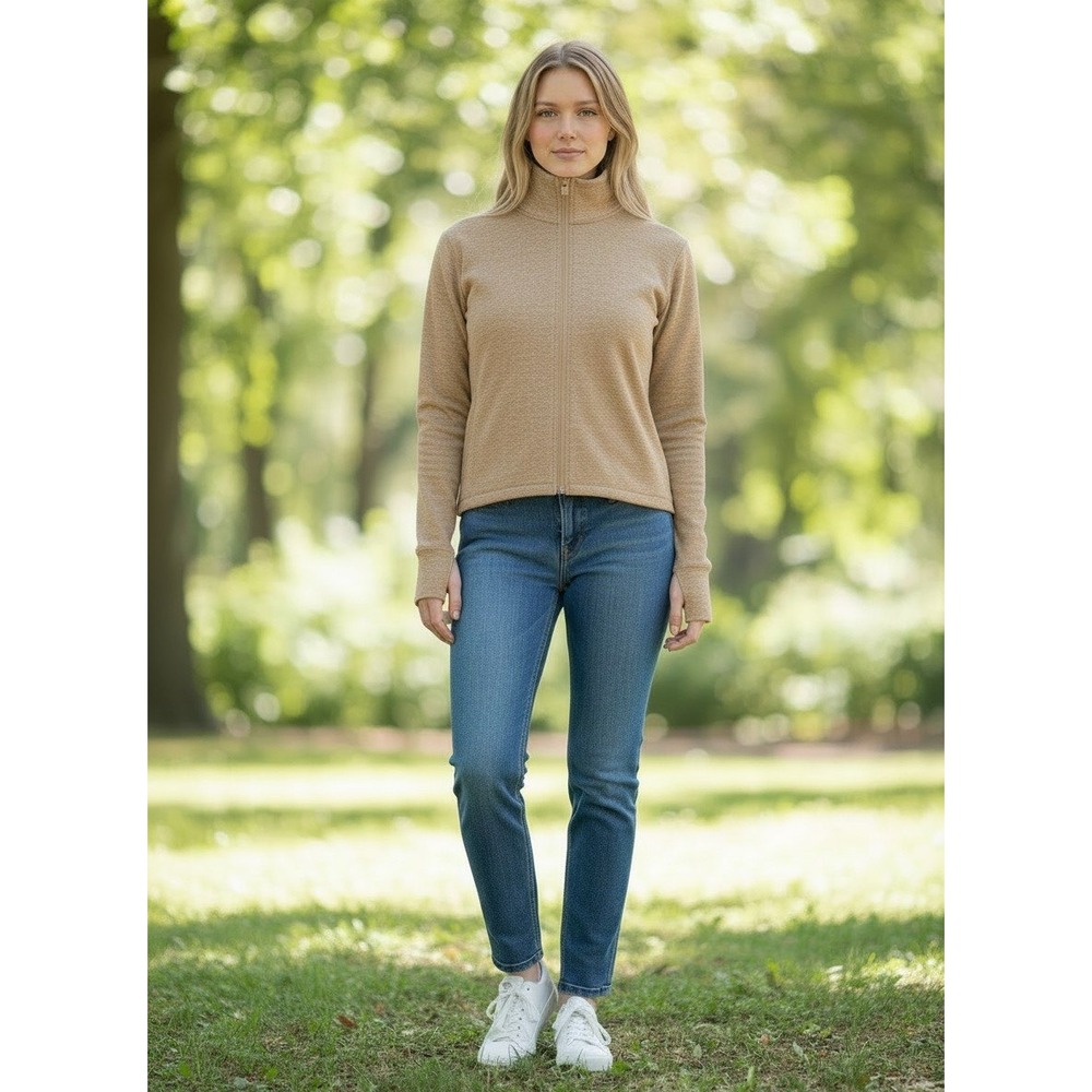 Reebok Womens Full Zip Mock Neck Heathered Athletic Jacket Tan Thumbholes Medium